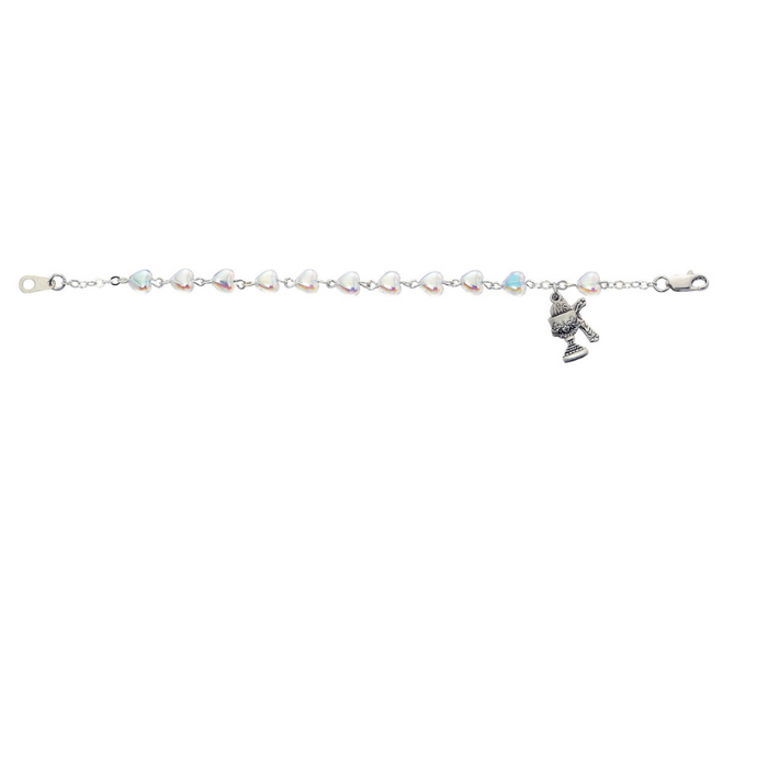 6.5" Aurora Crystal Heart Beads Sterling Silver Chalice And Crucifix Bracelet