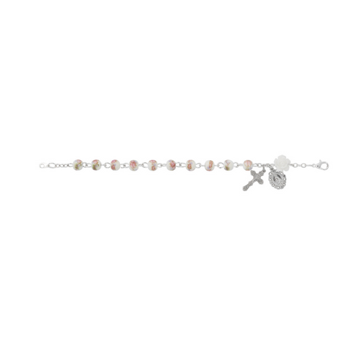 6.5" Pink and White Flower Ceramic Miraculous Medal Rosary Bracelet - BEST SELLER