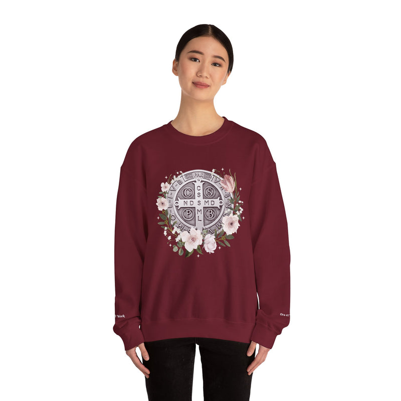 Benedictine Medal Crewneck Sweatshirt – Catholic Faith Floral Design w/ Ora et Labora/Prayer and Work