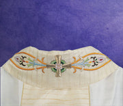613 Traditional Chasuble with Handwoven Tussar Silk Orphrey & Embroidered Collar