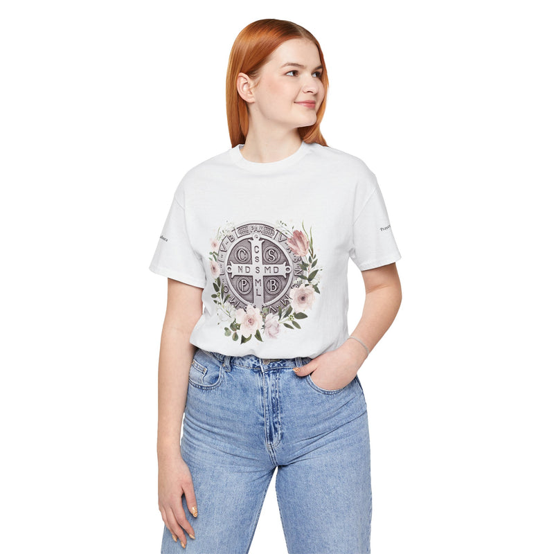 Benedictine Medal T-Shirt – Catholic Faith Floral Tee with Ora et Labora/Prayer and Work