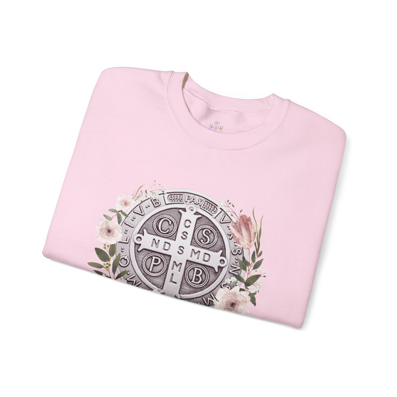 Benedictine Medal Crewneck Sweatshirt – Catholic Faith Floral Design w/ Ora et Labora/Prayer and Work