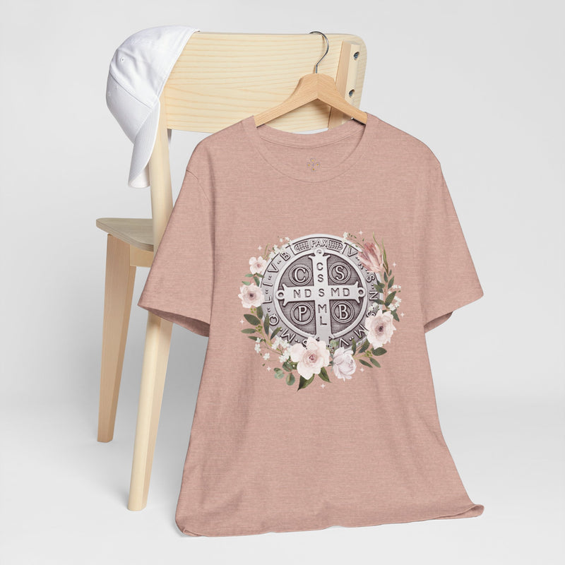 Benedictine Medal T-Shirt – Catholic Faith Floral Tee