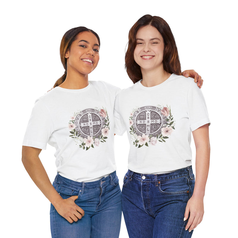 Benedictine Medal T-Shirt – Catholic Faith Floral Tee
