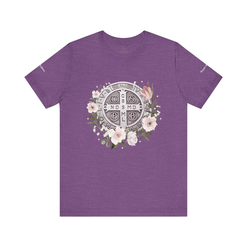 Benedictine Medal T-Shirt – Catholic Faith Floral Tee with Ora et Labora/Prayer and Work
