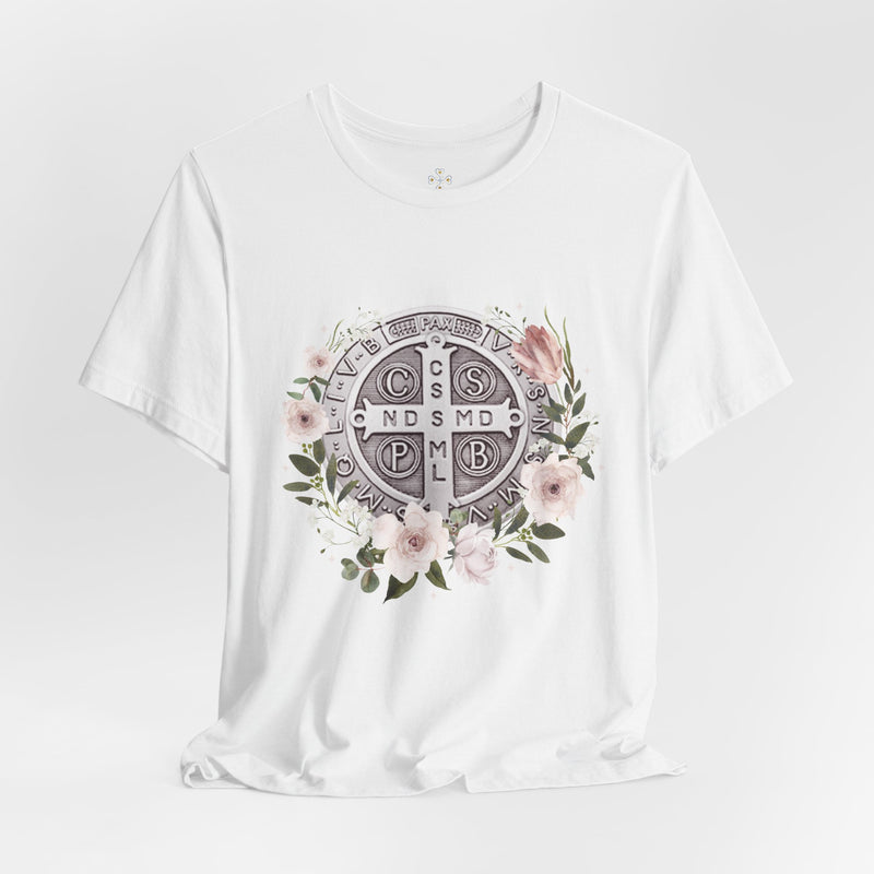 Benedictine Medal T-Shirt – Catholic Faith Floral Tee