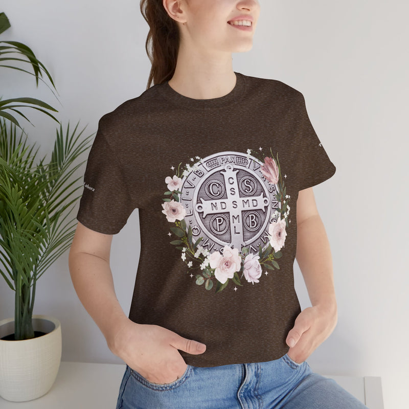 Benedictine Medal T-Shirt – Catholic Faith Floral Tee with Ora et Labora/Prayer and Work