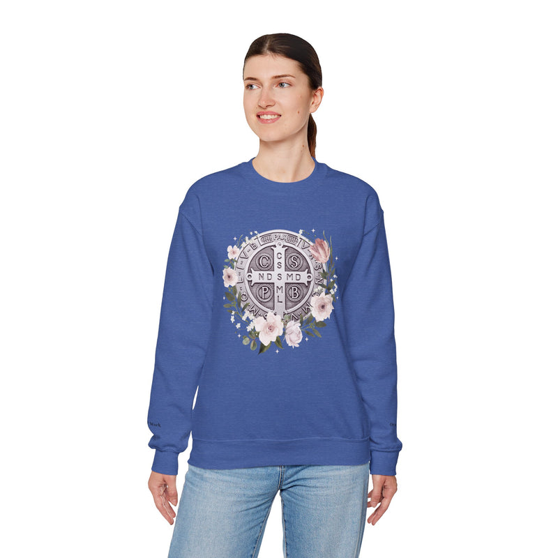 Benedictine Medal Crewneck Sweatshirt – Catholic Faith Floral Design w/ Ora et Labora/Prayer and Work