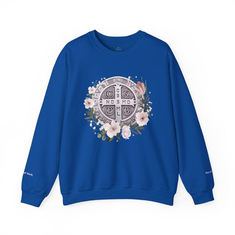 Benedictine Medal Crewneck Sweatshirt – Catholic Faith Floral Design w/ Ora et Labora/Prayer and Work
