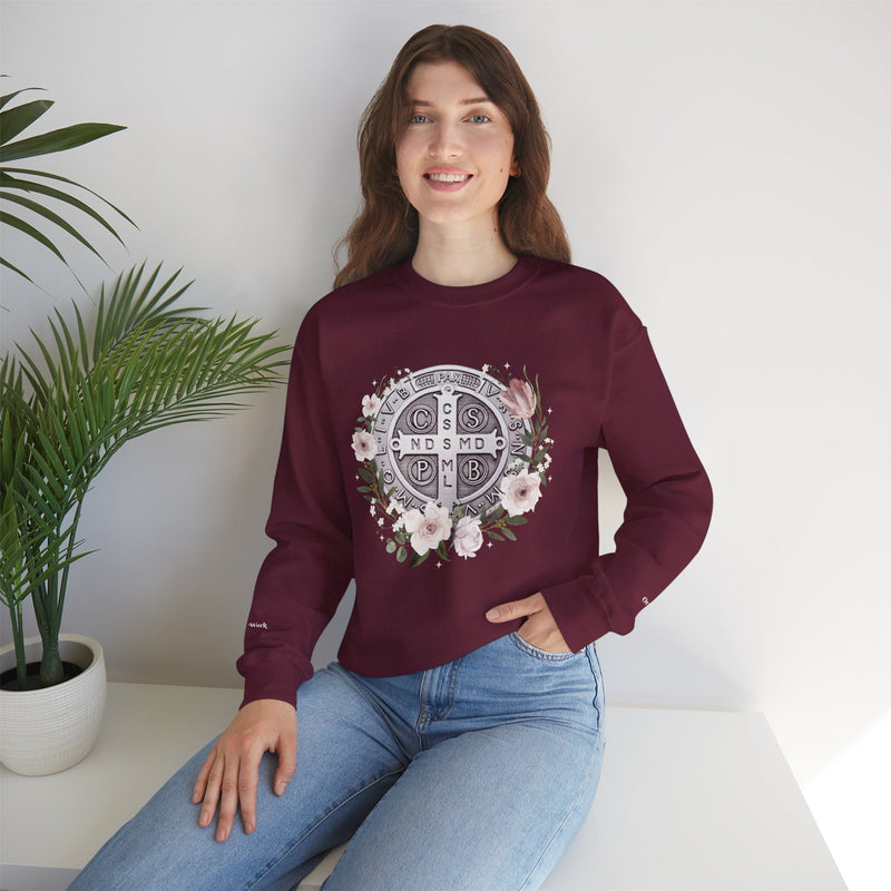 Benedictine Medal Crewneck Sweatshirt – Catholic Faith Floral Design w/ Ora et Labora/Prayer and Work