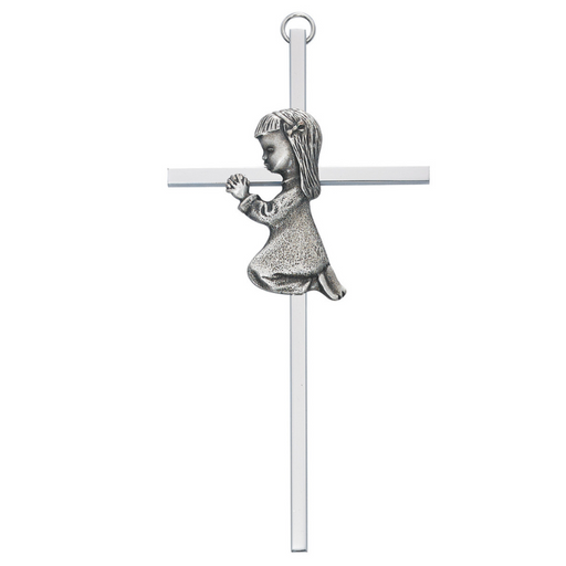 6" Aluminum Cross Ant Silver Praying Girl with Gift Box