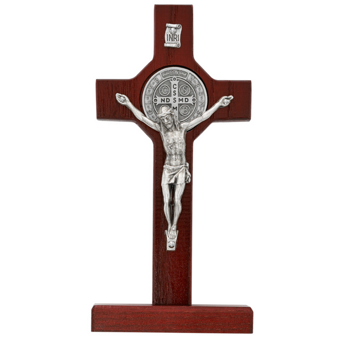 6" Cherry Standing Crucifix with St. Benedict Medal