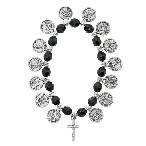 6 X 7mm Black Glass Beads Bracelet with Silver Ox Stations of the Cross Medals