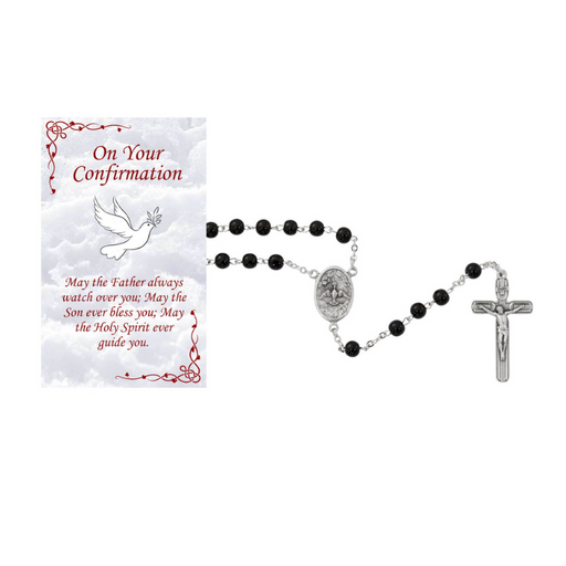 6mm Black Beads Holy Spirit Rosary with Confirmation Prayer Card