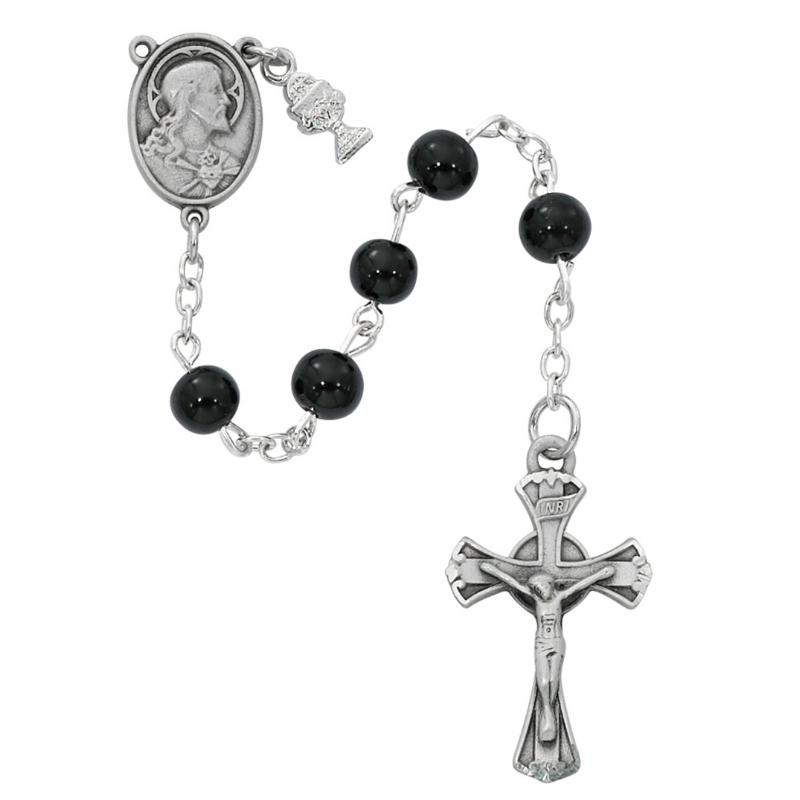 6mm Black Glass Sacred Heart Communion Rosary