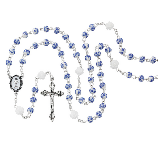 6mm Blue Ceramic Beads with Enameled Chalice Center Communion Rosary