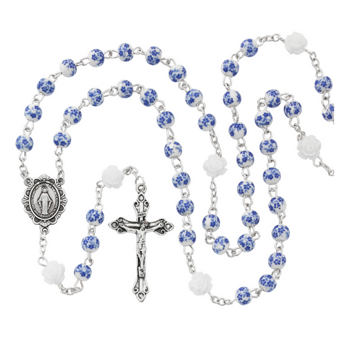 6mm Blue Flower Ceramic Miraculous Medal Communion Rosary
