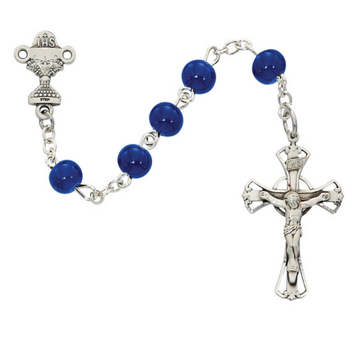 6mm Blue Glass Beads Sterling Silver Communion Rosary