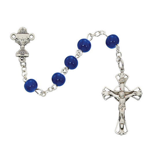 6mm Blue Glass Beads Rhodium Communion Rosary