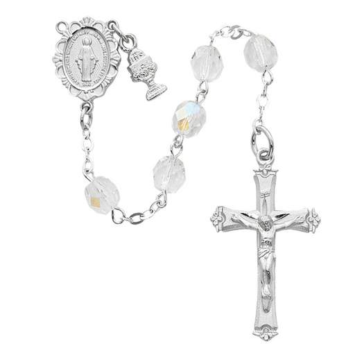 6mm Crystal Rhodium Miraculous Medal Communion Rosary