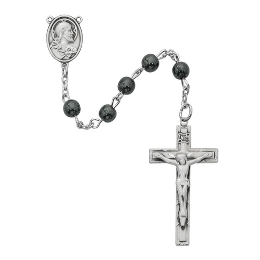 6mm Genuine Hematite Bead Rosary with Pewter Center and Crucifix