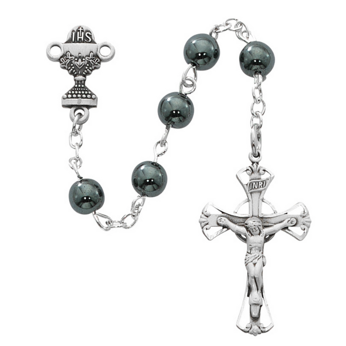 6mm Genuine Hematite Beads and Rhodium Communion Rosary