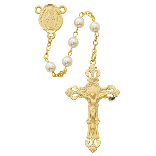 6mm Pearl Beads Miraculous Medal Gold Plated Pewter Rosary