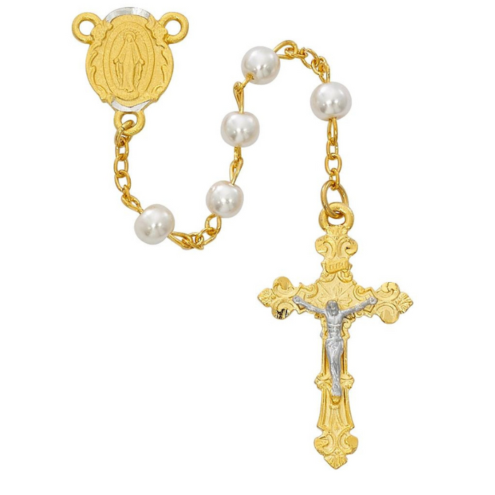 6mm Pearl Beads Two Tone Miraculous Medal Rosary