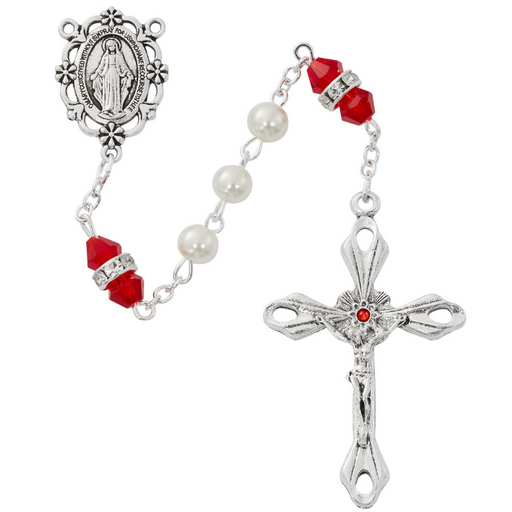 6mm Pearl Rosary - July Birthstone Ruby Rosary