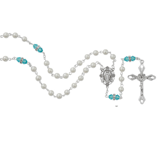 6mm Pearl Rosary - March Birthstone Aqua Rosary