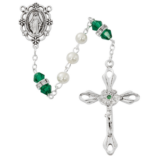 6mm Pearl Rosary - May Birthstone Emerald Rosary