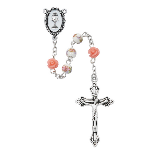 6mm Pink Flower Ceramic Beads Communion Rosary