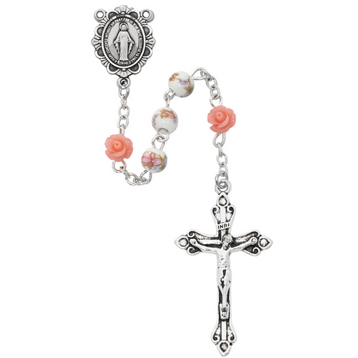6mm Pink Flower Miraculous Medal Communion Rosary