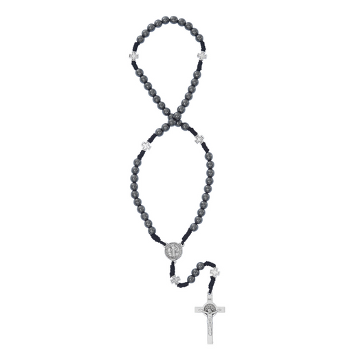 6mm Saint Benedict Hematite Corded Rosary - Oxidized Silver Crucifix and Center - Boxed