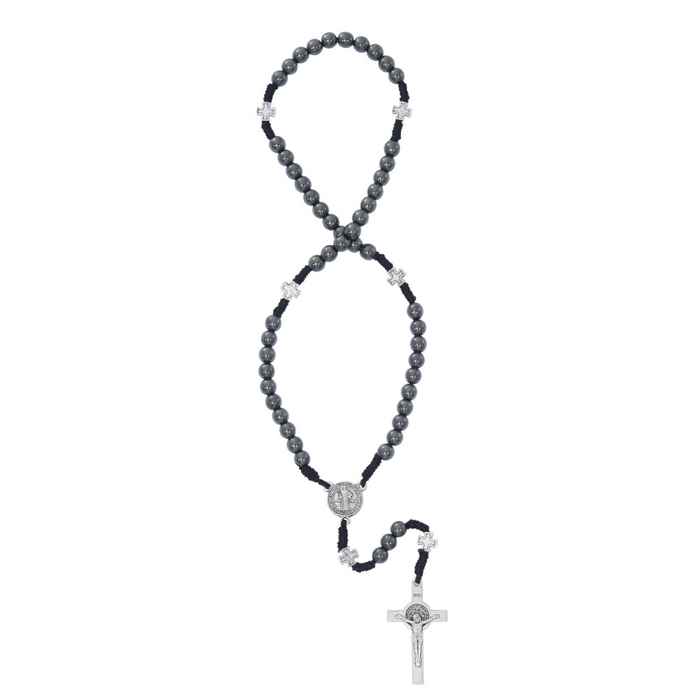 6mm Saint Benedict Hematite Corded Rosary - Oxidized Silver Crucifix and Center