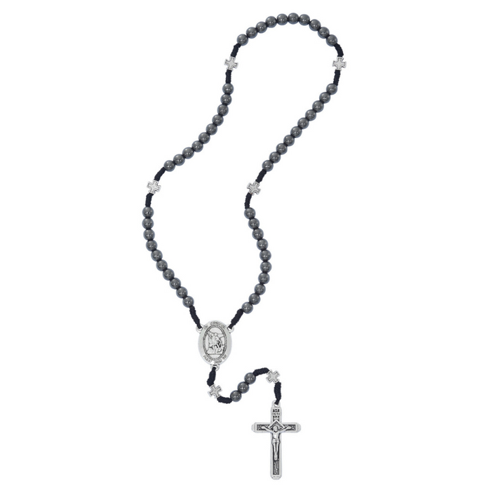 6mm Saint Michael Hematite Corded Rosary - Oxidized Silver Crucifix and Center - Carded