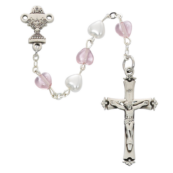 6mm White and Pink Beads Sterling Silver Communion Rosary
