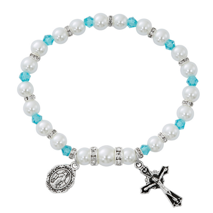 7.75" Stretchable Aqua Rosary Pearl Bracelet