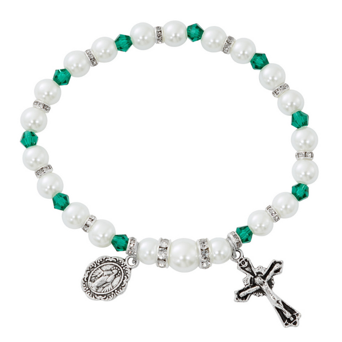 7.75" Stretchable Emerald Rosary Pearl Bracelet
