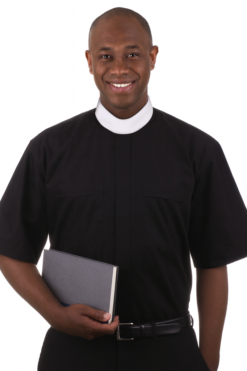 Omega 7000 Black SS Neckband Full Collar Clergy Shirt – Classic Fit, Ultra Comfort, & Easy Care