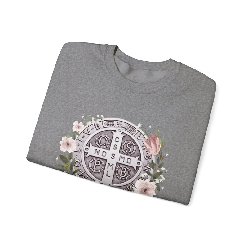 Benedictine Medal Crewneck Sweatshirt – Catholic Faith Floral Design w/ Ora et Labora/Prayer and Work