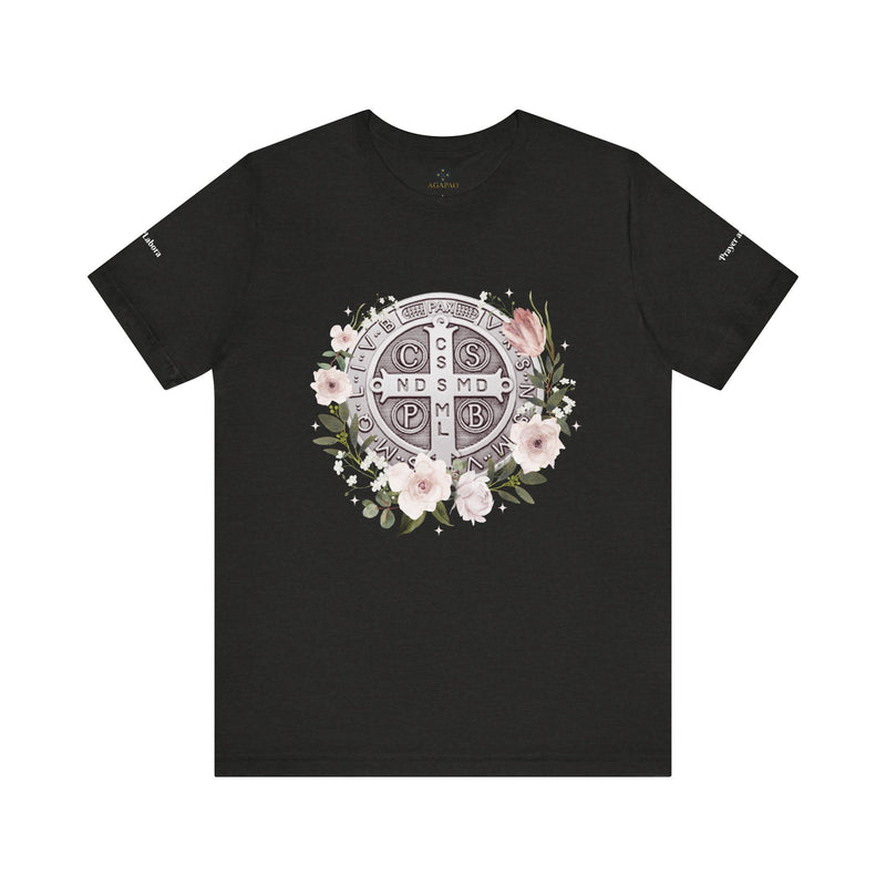 Benedictine Medal T-Shirt – Catholic Faith Floral Tee with Ora et Labora/Prayer and Work
