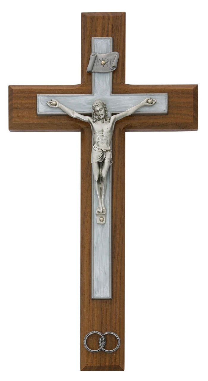 10" Walnut/White Epoxy Wedding Cross Crucifix