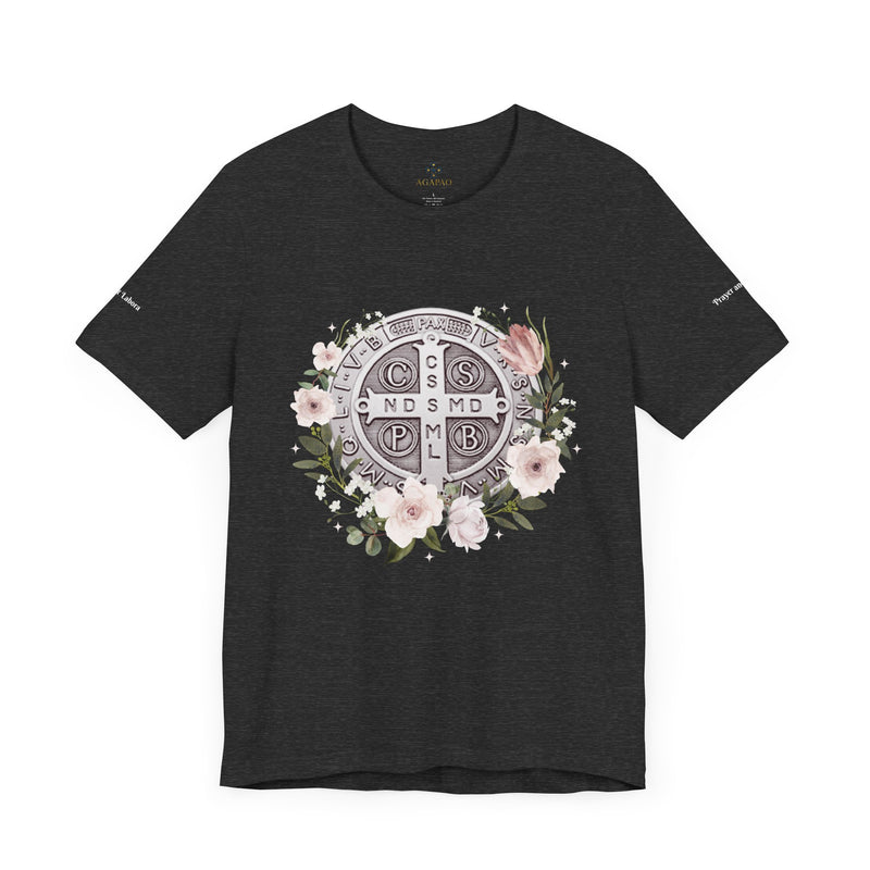 Benedictine Medal T-Shirt – Catholic Faith Floral Tee with Ora et Labora/Prayer and Work