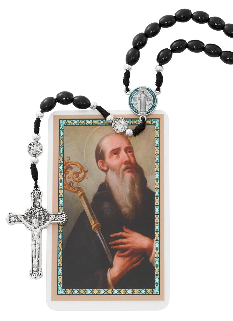 Medalla de San Benito con Crucifijo Tarjeta Sagrada con Cordón y Centro de Madera