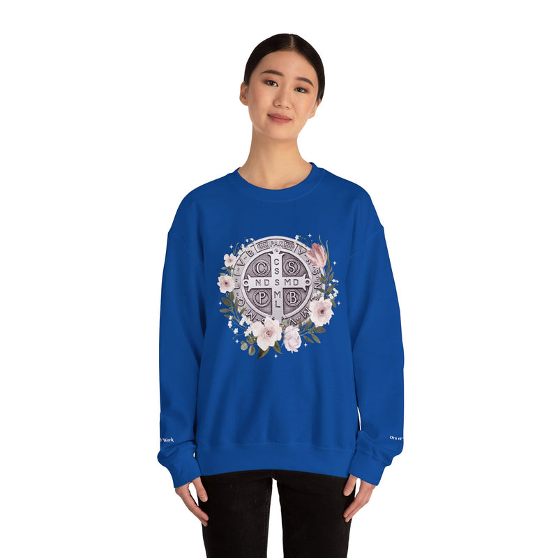 Benedictine Medal Crewneck Sweatshirt – Catholic Faith Floral Design w/ Ora et Labora/Prayer and Work