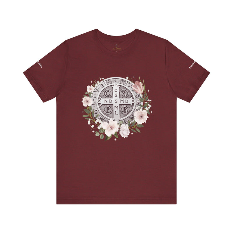 Benedictine Medal T-Shirt – Catholic Faith Floral Tee with Ora et Labora/Prayer and Work