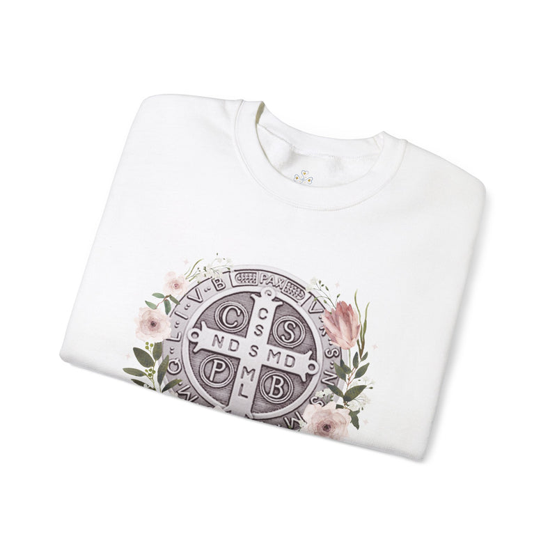 Benedictine Medal Crewneck Sweatshirt – Catholic Faith Floral