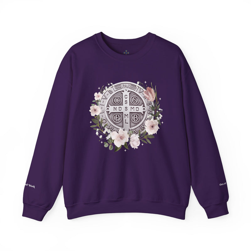 Benedictine Medal Crewneck Sweatshirt – Catholic Faith Floral Design w/ Ora et Labora/Prayer and Work