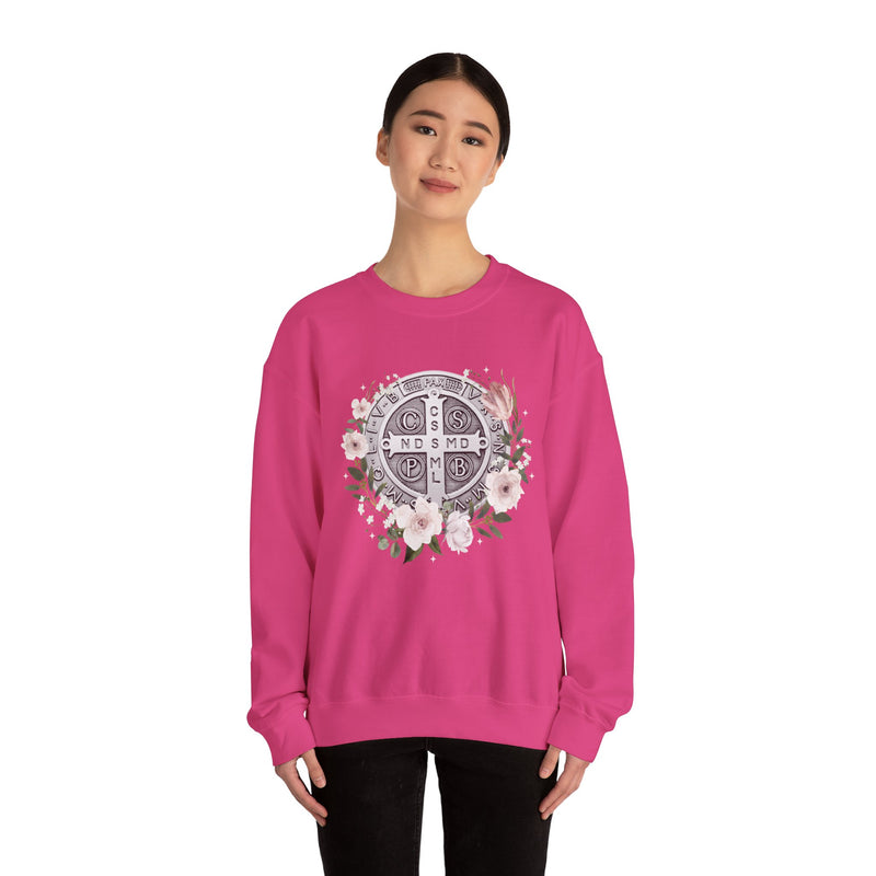 Benedictine Medal Crewneck Sweatshirt – Catholic Faith Floral
